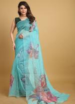 Pure Organza Sky Blue Party Wear Printed Saree